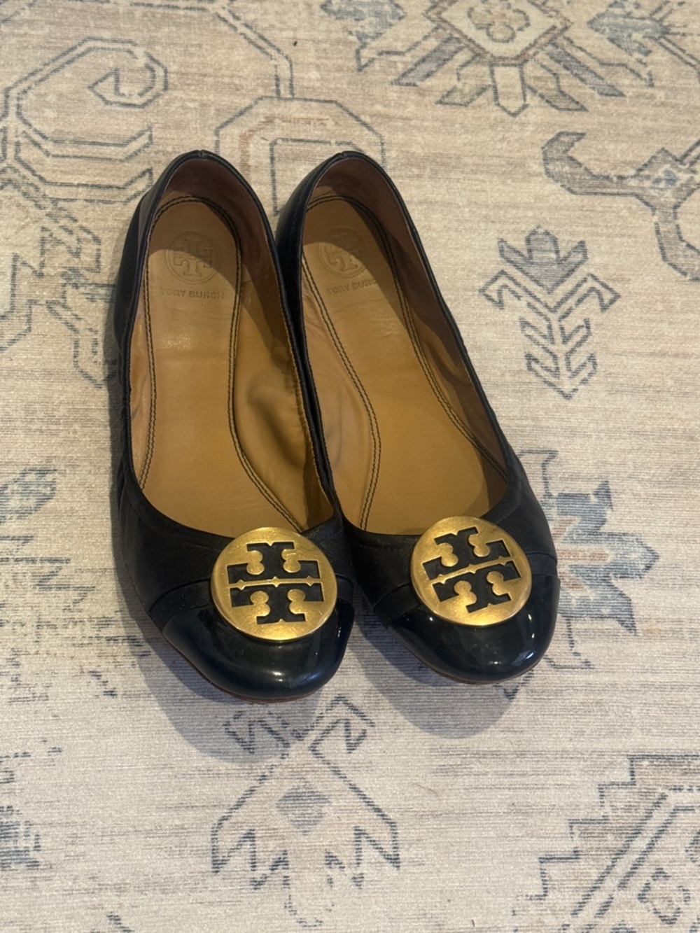 Tory Burch Black Serena 2 Patent Leather Logo Ballet Flats